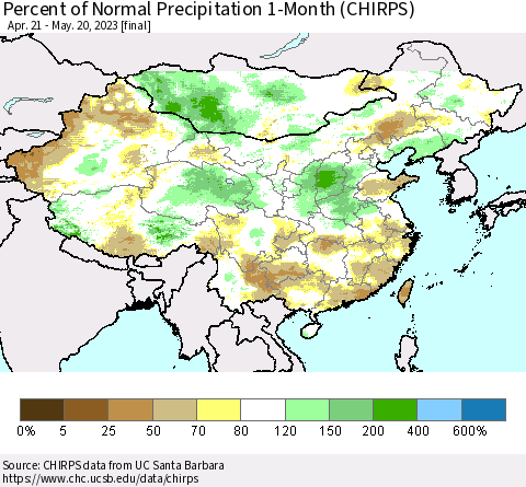 China, Mongolia and Taiwan Percent of Normal Precipitation 1-Month (CHIRPS) Thematic Map For 4/21/2023 - 5/20/2023