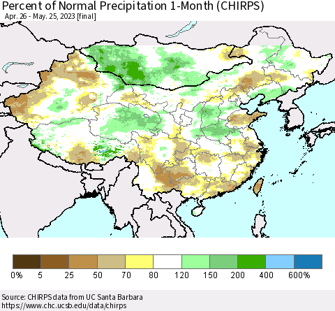 China, Mongolia and Taiwan Percent of Normal Precipitation 1-Month (CHIRPS) Thematic Map For 4/26/2023 - 5/25/2023