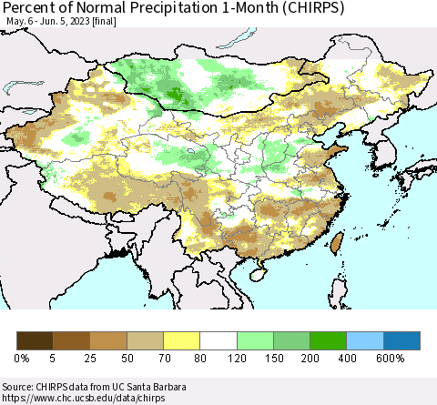 China, Mongolia and Taiwan Percent of Normal Precipitation 1-Month (CHIRPS) Thematic Map For 5/6/2023 - 6/5/2023