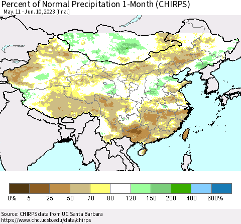 China, Mongolia and Taiwan Percent of Normal Precipitation 1-Month (CHIRPS) Thematic Map For 5/11/2023 - 6/10/2023