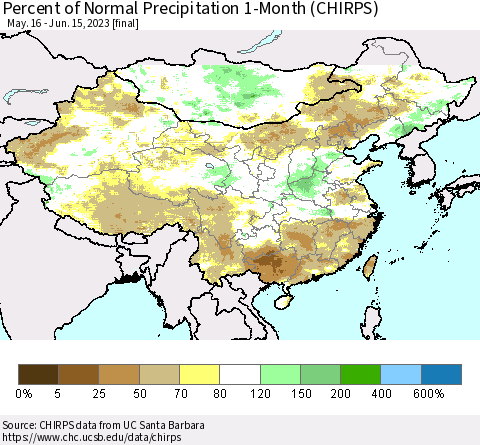 China, Mongolia and Taiwan Percent of Normal Precipitation 1-Month (CHIRPS) Thematic Map For 5/16/2023 - 6/15/2023