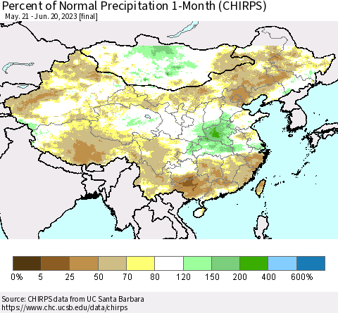 China, Mongolia and Taiwan Percent of Normal Precipitation 1-Month (CHIRPS) Thematic Map For 5/21/2023 - 6/20/2023