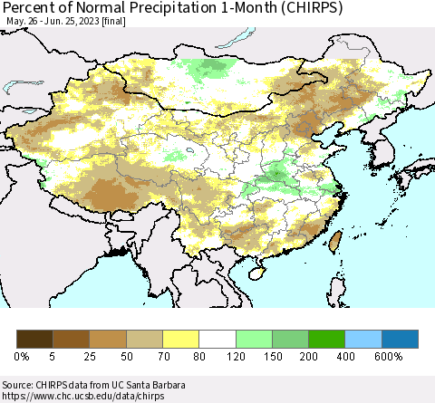 China, Mongolia and Taiwan Percent of Normal Precipitation 1-Month (CHIRPS) Thematic Map For 5/26/2023 - 6/25/2023