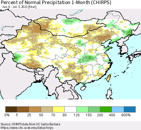 China, Mongolia and Taiwan Percent of Normal Precipitation 1-Month (CHIRPS) Thematic Map For 6/6/2023 - 7/5/2023