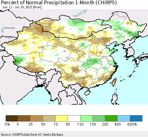 China, Mongolia and Taiwan Percent of Normal Precipitation 1-Month (CHIRPS) Thematic Map For 6/11/2023 - 7/10/2023