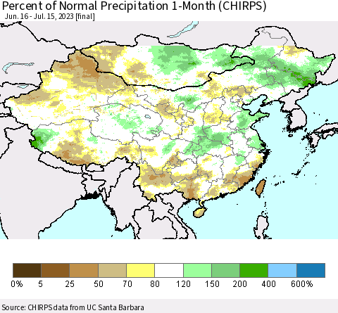 China, Mongolia and Taiwan Percent of Normal Precipitation 1-Month (CHIRPS) Thematic Map For 6/16/2023 - 7/15/2023