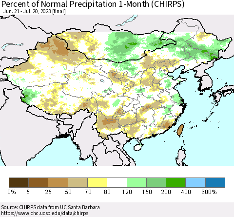 China, Mongolia and Taiwan Percent of Normal Precipitation 1-Month (CHIRPS) Thematic Map For 6/21/2023 - 7/20/2023