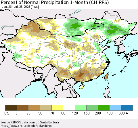 China, Mongolia and Taiwan Percent of Normal Precipitation 1-Month (CHIRPS) Thematic Map For 6/26/2023 - 7/25/2023