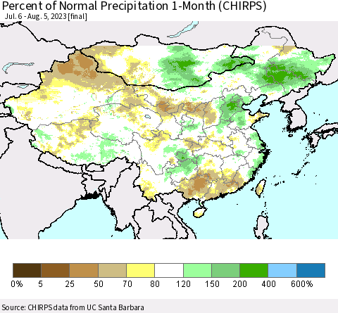 China, Mongolia and Taiwan Percent of Normal Precipitation 1-Month (CHIRPS) Thematic Map For 7/6/2023 - 8/5/2023