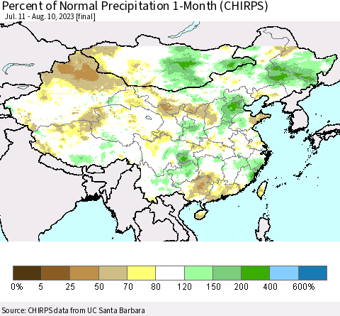 China, Mongolia and Taiwan Percent of Normal Precipitation 1-Month (CHIRPS) Thematic Map For 7/11/2023 - 8/10/2023