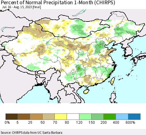 China, Mongolia and Taiwan Percent of Normal Precipitation 1-Month (CHIRPS) Thematic Map For 7/16/2023 - 8/15/2023