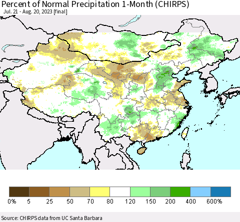 China, Mongolia and Taiwan Percent of Normal Precipitation 1-Month (CHIRPS) Thematic Map For 7/21/2023 - 8/20/2023