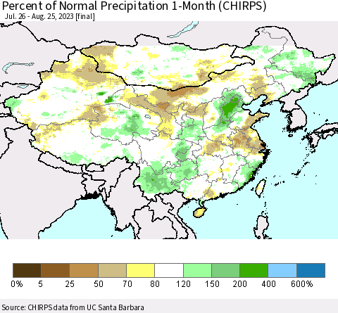 China, Mongolia and Taiwan Percent of Normal Precipitation 1-Month (CHIRPS) Thematic Map For 7/26/2023 - 8/25/2023