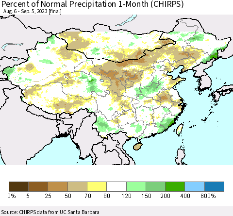 China, Mongolia and Taiwan Percent of Normal Precipitation 1-Month (CHIRPS) Thematic Map For 8/6/2023 - 9/5/2023