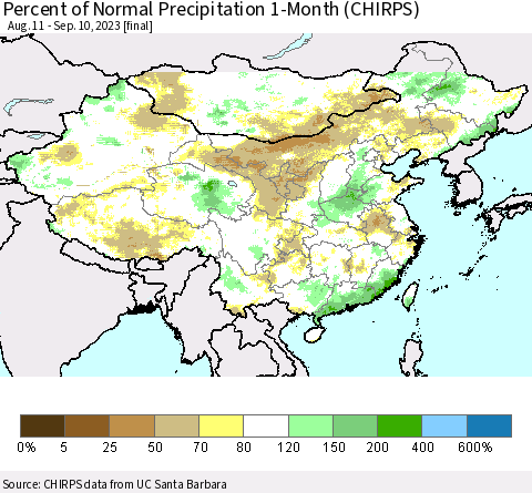 China, Mongolia and Taiwan Percent of Normal Precipitation 1-Month (CHIRPS) Thematic Map For 8/11/2023 - 9/10/2023