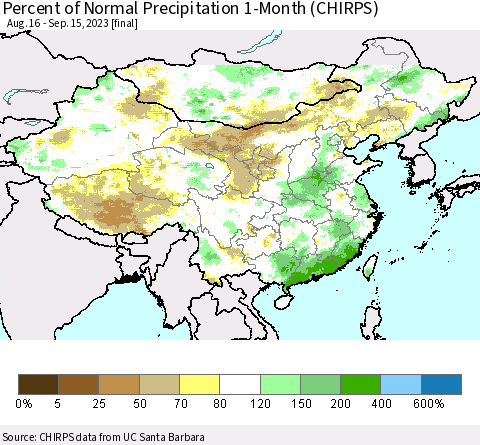 China, Mongolia and Taiwan Percent of Normal Precipitation 1-Month (CHIRPS) Thematic Map For 8/16/2023 - 9/15/2023
