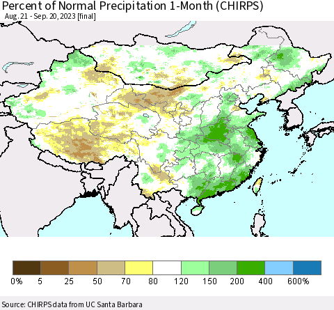 China, Mongolia and Taiwan Percent of Normal Precipitation 1-Month (CHIRPS) Thematic Map For 8/21/2023 - 9/20/2023