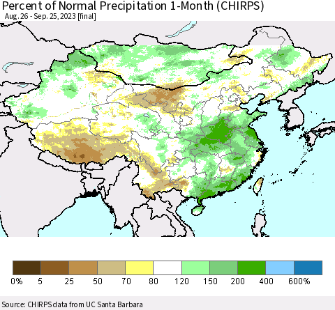 China, Mongolia and Taiwan Percent of Normal Precipitation 1-Month (CHIRPS) Thematic Map For 8/26/2023 - 9/25/2023