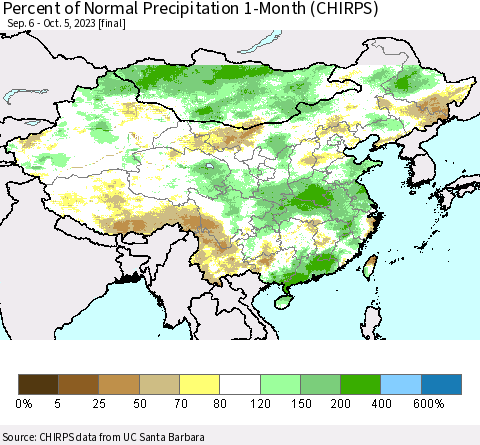 China, Mongolia and Taiwan Percent of Normal Precipitation 1-Month (CHIRPS) Thematic Map For 9/6/2023 - 10/5/2023