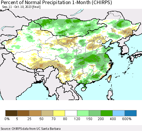 China, Mongolia and Taiwan Percent of Normal Precipitation 1-Month (CHIRPS) Thematic Map For 9/11/2023 - 10/10/2023
