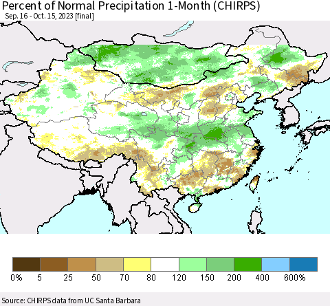 China, Mongolia and Taiwan Percent of Normal Precipitation 1-Month (CHIRPS) Thematic Map For 9/16/2023 - 10/15/2023
