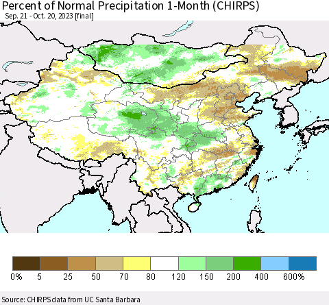 China, Mongolia and Taiwan Percent of Normal Precipitation 1-Month (CHIRPS) Thematic Map For 9/21/2023 - 10/20/2023