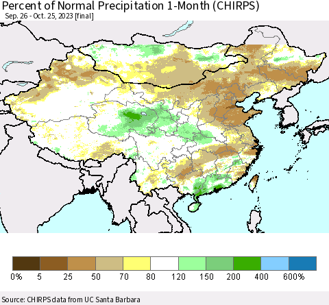 China, Mongolia and Taiwan Percent of Normal Precipitation 1-Month (CHIRPS) Thematic Map For 9/26/2023 - 10/25/2023
