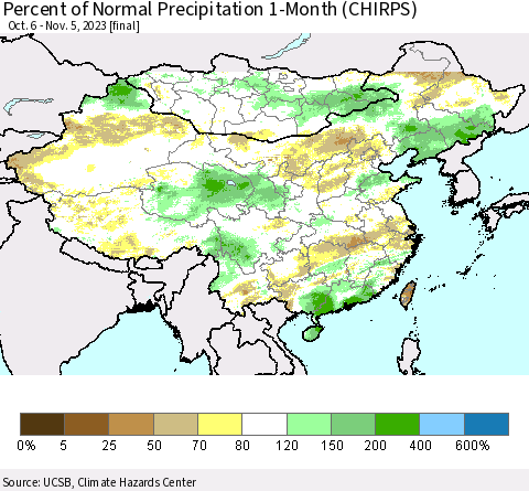 China, Mongolia and Taiwan Percent of Normal Precipitation 1-Month (CHIRPS) Thematic Map For 10/6/2023 - 11/5/2023