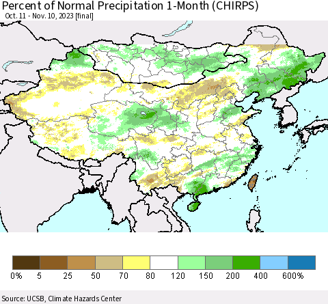 China, Mongolia and Taiwan Percent of Normal Precipitation 1-Month (CHIRPS) Thematic Map For 10/11/2023 - 11/10/2023