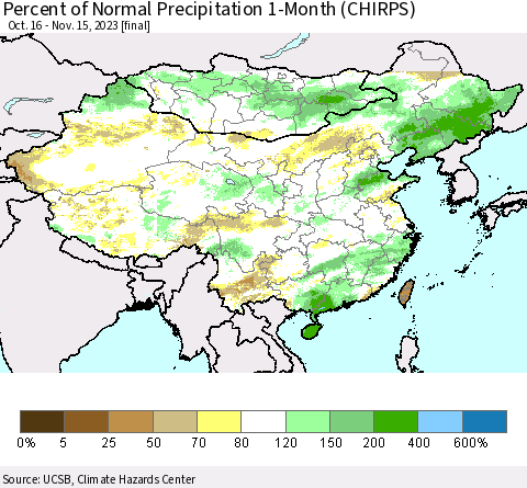 China, Mongolia and Taiwan Percent of Normal Precipitation 1-Month (CHIRPS) Thematic Map For 10/16/2023 - 11/15/2023