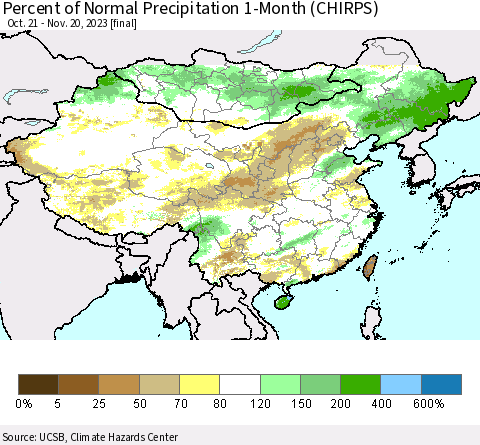China, Mongolia and Taiwan Percent of Normal Precipitation 1-Month (CHIRPS) Thematic Map For 10/21/2023 - 11/20/2023