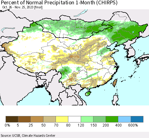 China, Mongolia and Taiwan Percent of Normal Precipitation 1-Month (CHIRPS) Thematic Map For 10/26/2023 - 11/25/2023