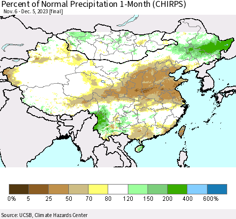 China, Mongolia and Taiwan Percent of Normal Precipitation 1-Month (CHIRPS) Thematic Map For 11/6/2023 - 12/5/2023