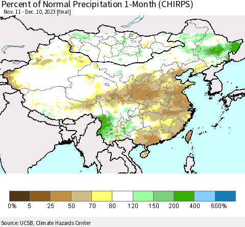 China, Mongolia and Taiwan Percent of Normal Precipitation 1-Month (CHIRPS) Thematic Map For 11/11/2023 - 12/10/2023