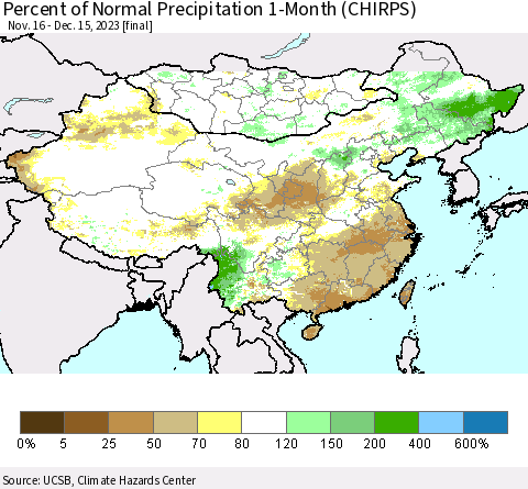 China, Mongolia and Taiwan Percent of Normal Precipitation 1-Month (CHIRPS) Thematic Map For 11/16/2023 - 12/15/2023