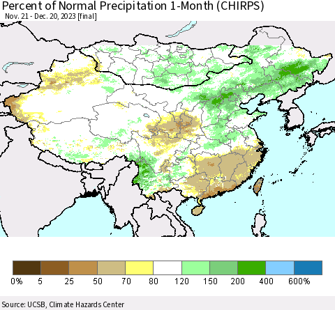 China, Mongolia and Taiwan Percent of Normal Precipitation 1-Month (CHIRPS) Thematic Map For 11/21/2023 - 12/20/2023