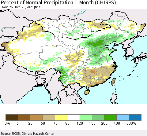 China, Mongolia and Taiwan Percent of Normal Precipitation 1-Month (CHIRPS) Thematic Map For 11/26/2023 - 12/25/2023