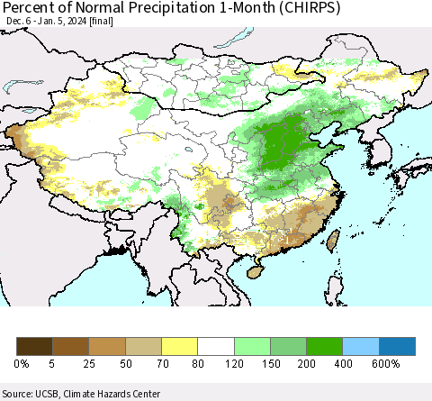 China, Mongolia and Taiwan Percent of Normal Precipitation 1-Month (CHIRPS) Thematic Map For 12/6/2023 - 1/5/2024