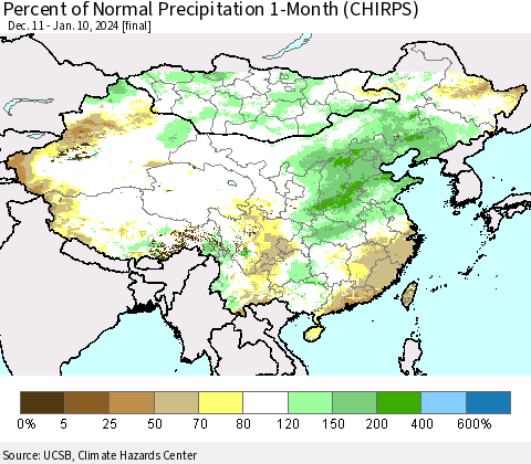 China, Mongolia and Taiwan Percent of Normal Precipitation 1-Month (CHIRPS) Thematic Map For 12/11/2023 - 1/10/2024