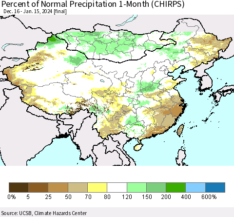 China, Mongolia and Taiwan Percent of Normal Precipitation 1-Month (CHIRPS) Thematic Map For 12/16/2023 - 1/15/2024