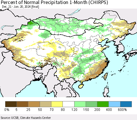 China, Mongolia and Taiwan Percent of Normal Precipitation 1-Month (CHIRPS) Thematic Map For 12/21/2023 - 1/20/2024
