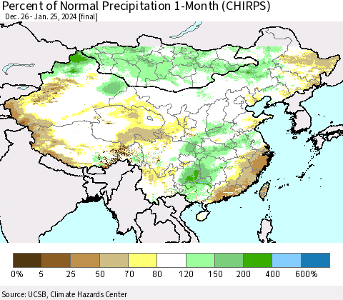 China, Mongolia and Taiwan Percent of Normal Precipitation 1-Month (CHIRPS) Thematic Map For 12/26/2023 - 1/25/2024