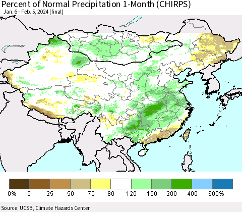 China, Mongolia and Taiwan Percent of Normal Precipitation 1-Month (CHIRPS) Thematic Map For 1/6/2024 - 2/5/2024