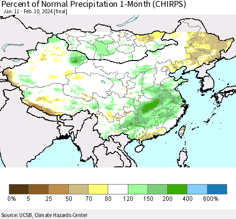 China, Mongolia and Taiwan Percent of Normal Precipitation 1-Month (CHIRPS) Thematic Map For 1/11/2024 - 2/10/2024