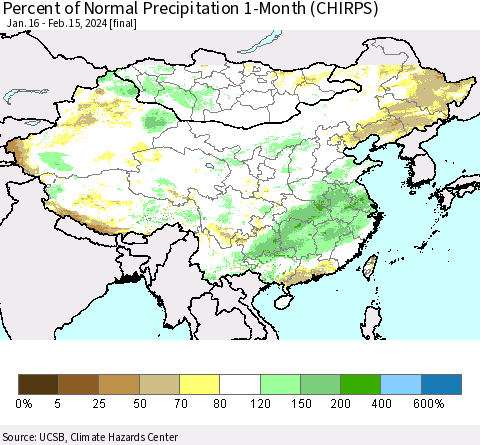China, Mongolia and Taiwan Percent of Normal Precipitation 1-Month (CHIRPS) Thematic Map For 1/16/2024 - 2/15/2024