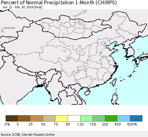 China, Mongolia and Taiwan Percent of Normal Precipitation 1-Month (CHIRPS) Thematic Map For 1/21/2024 - 2/20/2024