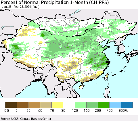China, Mongolia and Taiwan Percent of Normal Precipitation 1-Month (CHIRPS) Thematic Map For 1/26/2024 - 2/25/2024