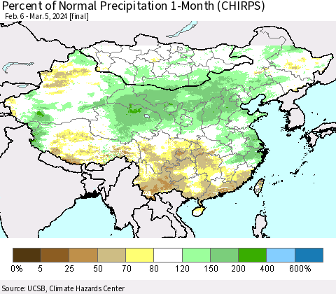 China, Mongolia and Taiwan Percent of Normal Precipitation 1-Month (CHIRPS) Thematic Map For 2/6/2024 - 3/5/2024