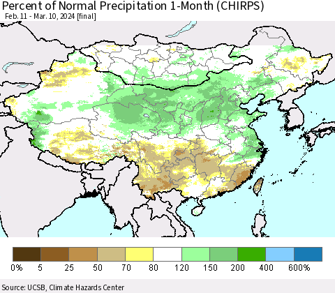 China, Mongolia and Taiwan Percent of Normal Precipitation 1-Month (CHIRPS) Thematic Map For 2/11/2024 - 3/10/2024