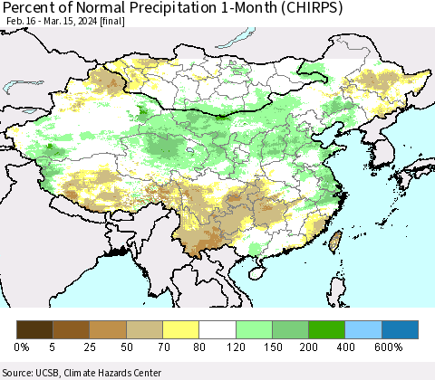 China, Mongolia and Taiwan Percent of Normal Precipitation 1-Month (CHIRPS) Thematic Map For 2/16/2024 - 3/15/2024